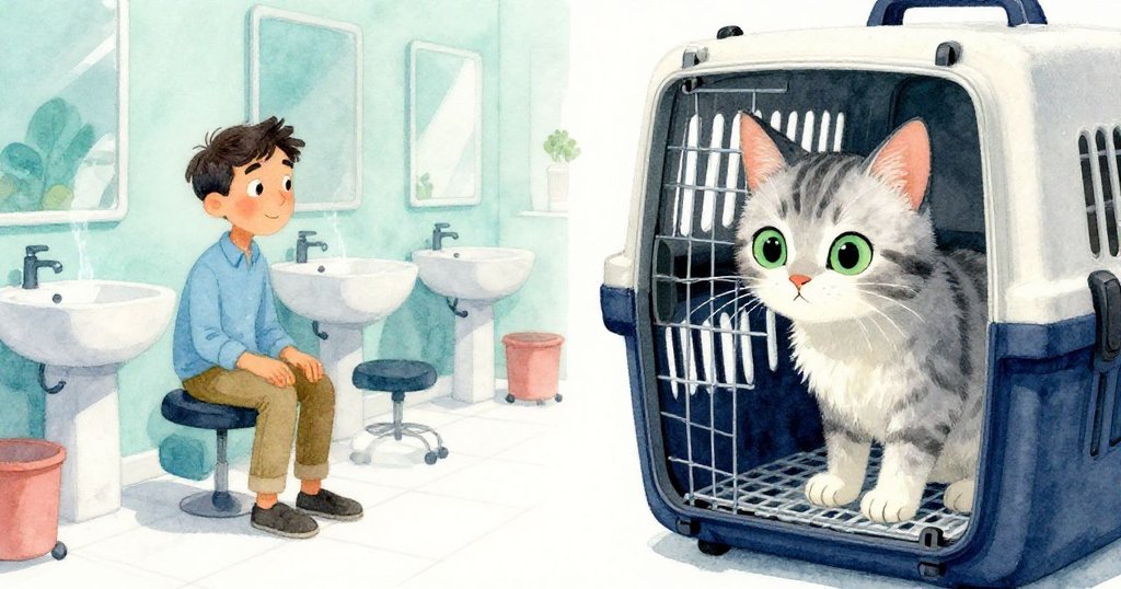 皮爾斯安坐洗髮盆旁聽水聲，巴希爾好奇地蹭著運輸箱，分割構圖呈現內部忙碌且溫柔的場景。