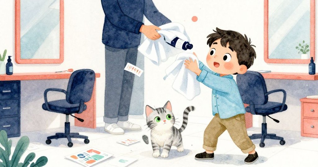 突如其來的椅子彈跳使巴希爾驚慌，皮爾斯迅速放下毛巾接住滾動的夜藍瓶，紙張隨風輕飛。