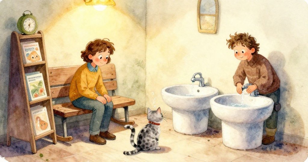 毛巾穩穩接住夜藍瓶，水柱優雅拱入洗槽，鏡牆映出安靜而溫柔的收尾場景。