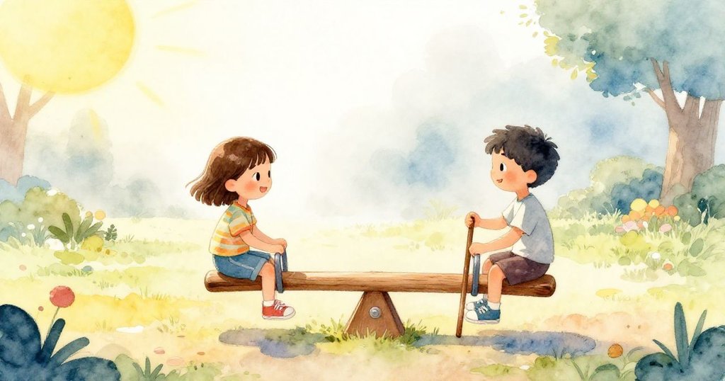 在晨霧中，凱恩輕敲陽光溫暖的搖搖板，而德麗亞展示著畫布鞋留下的月牙痕，兩人神情充滿好奇與期待。