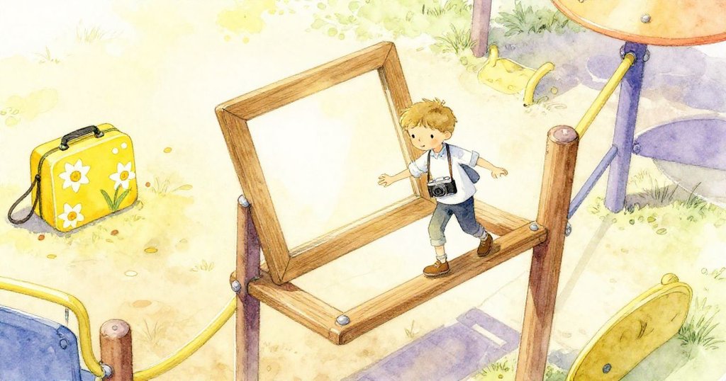 站在高處的狀態下，迪恩用相機捕捉著搖搖板邊畫框與午餐盒間的溫暖瞬間。