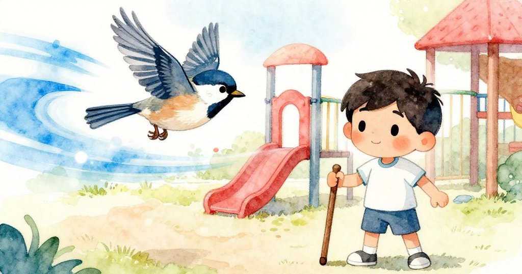 一隻小麻雀快速掠過，和凱恩的側耳擦過，動感軌跡展現緊張與趣味。