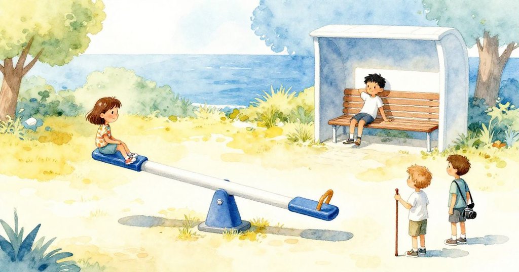 凱恩放下行走杖，與德麗亞、迪恩共同見證搖搖板平衡後的寧靜與滿足。