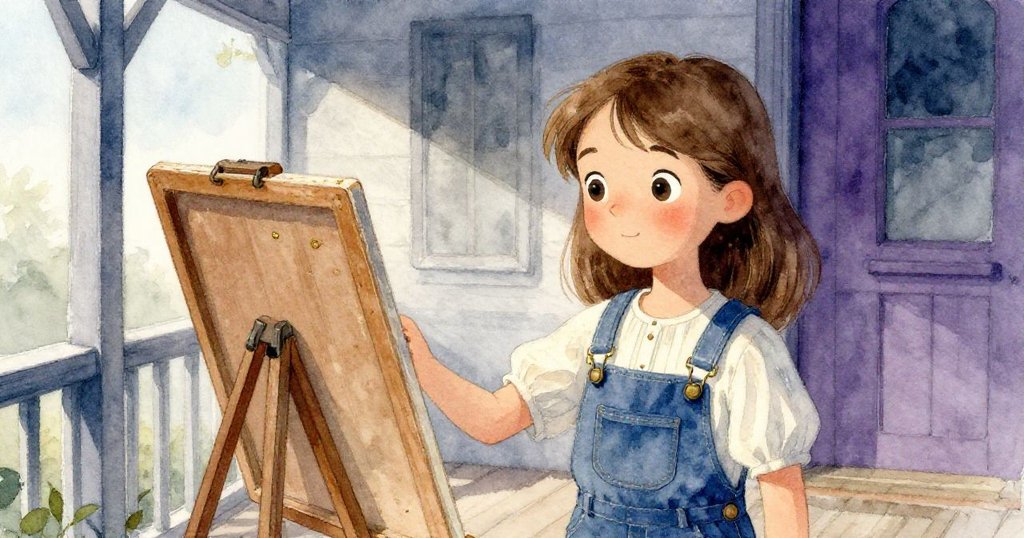 Hazel站在鄉村門廊上，輕柔的晨光照在歪斜的木板上，注視著散發微光的顏料，心境平和開始創作