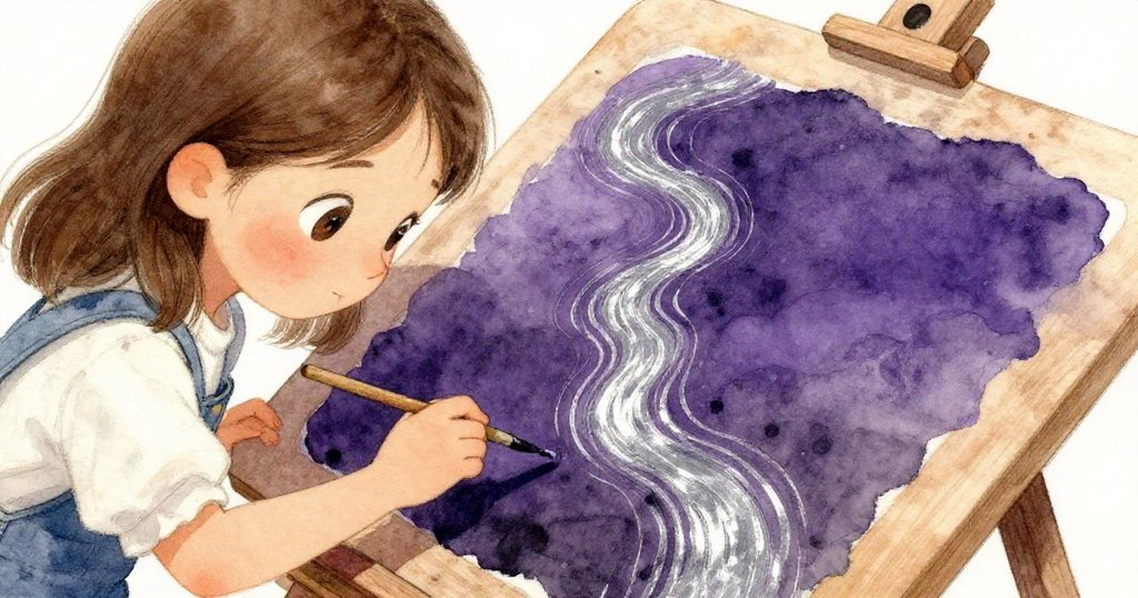 Hazel跪在木板前仔細觀察顏料乾燥邊緣，細膩的筆觸和河流般紋路展現時間的痕跡，充滿歷史感