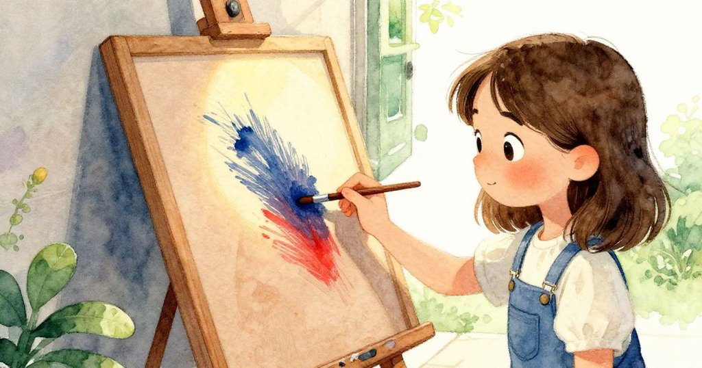 從Hazel背後看到她專注操作筆刷，木板上漸乾的顏料線條逐漸顯現，溫柔燈光映襯下充滿期待感