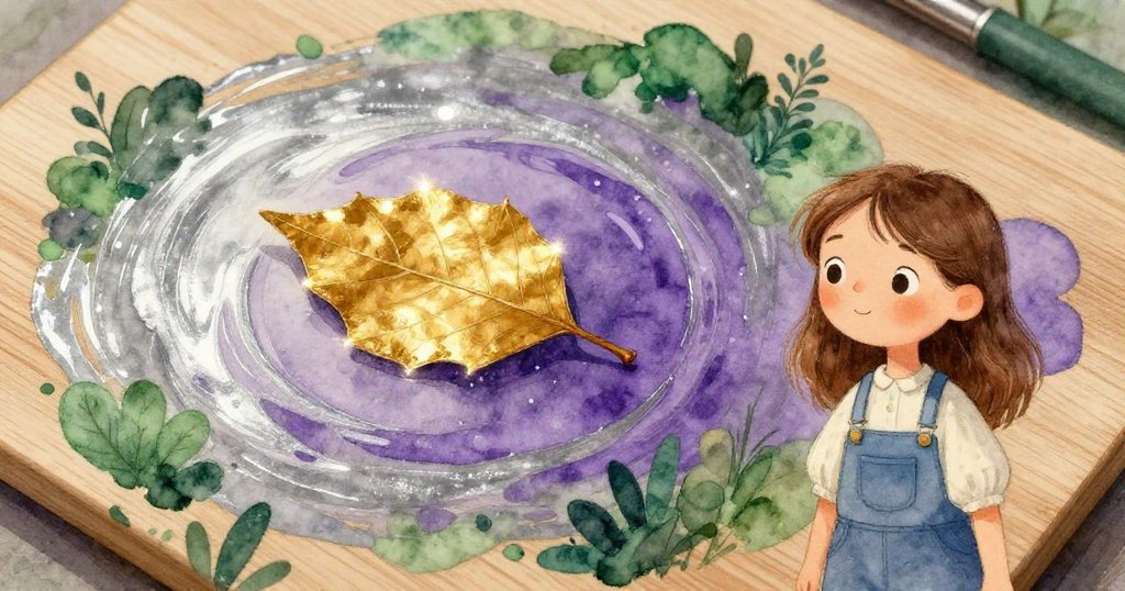 細緻的近照中，一片金色樹葉落在濕潤的木板上，顏料在樹葉周圍形成夢幻般流動紋理，奇幻與藝術交融