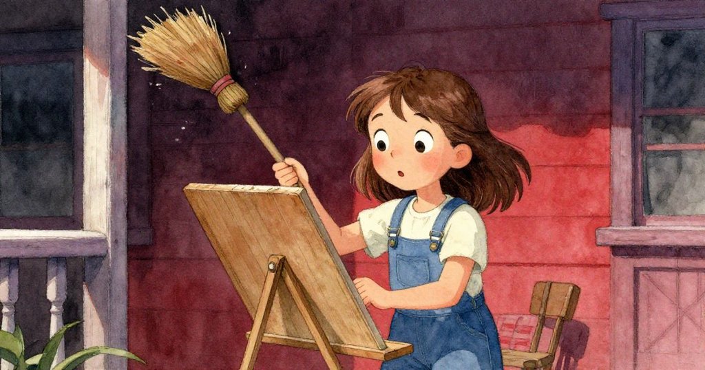 Hazel面對背後滑動的掃帚發出驚訝表情，一手穩住木板，另一手準備取用細筆，門廊背景展現情感衝突