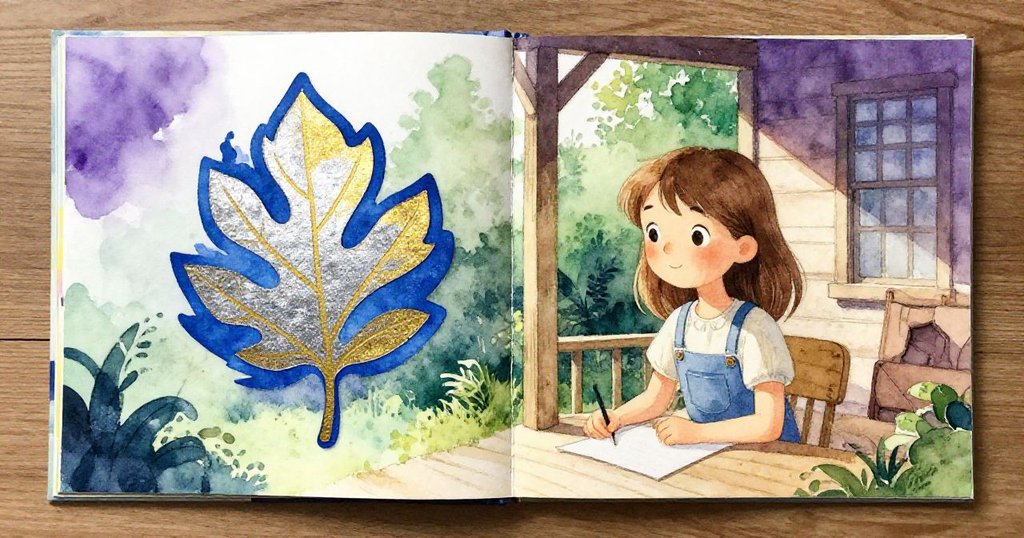 Hazel滿意地站在完成的畫板前，金色樹葉形成清晰剪影，流動的超藍顏料在門廊上綻放，象徵創造性的頓悟