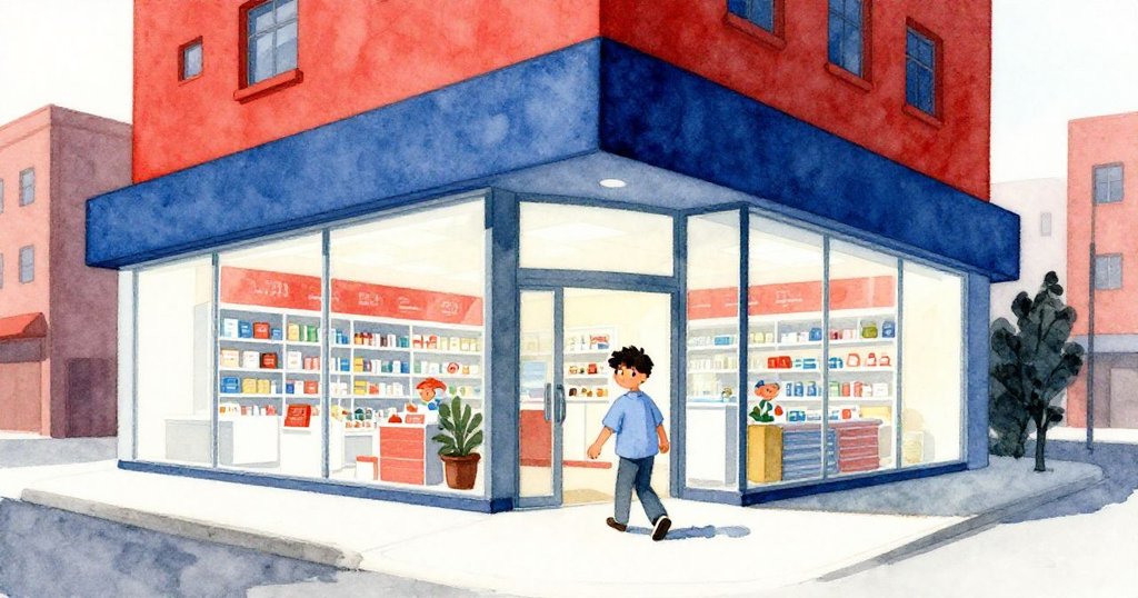 拉斐爾正走向現代藥局大樓，建築光影明亮，展示都市現代感，拉斐爾充滿期待與決心。