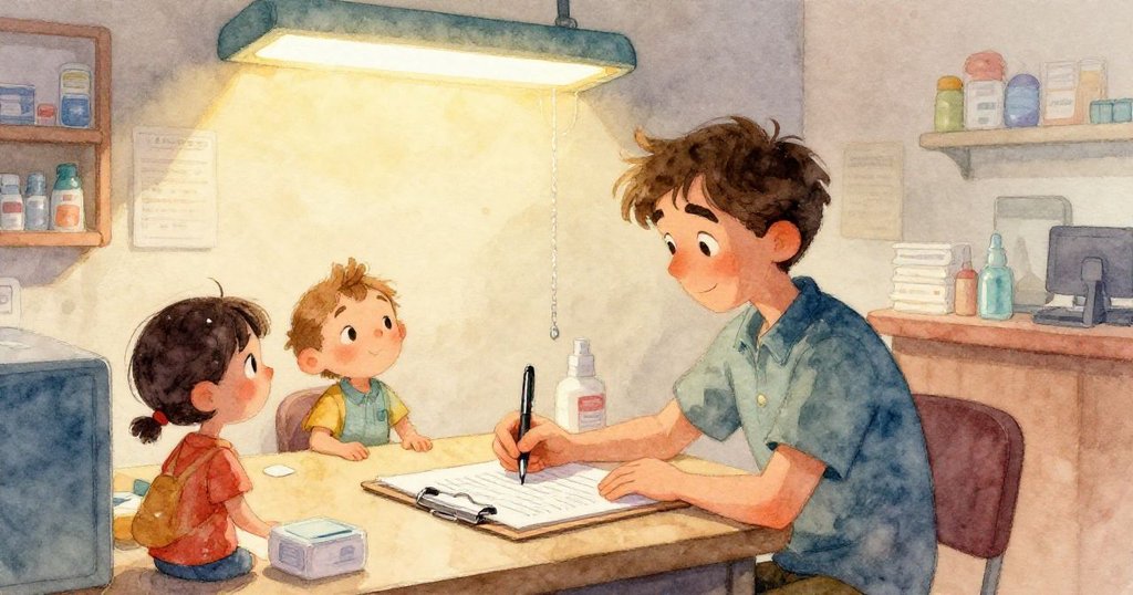 一角釘書邊緣突然脫落，像幽靈般在空中飄舞，室內藥局環境中充滿奇幻與動感。