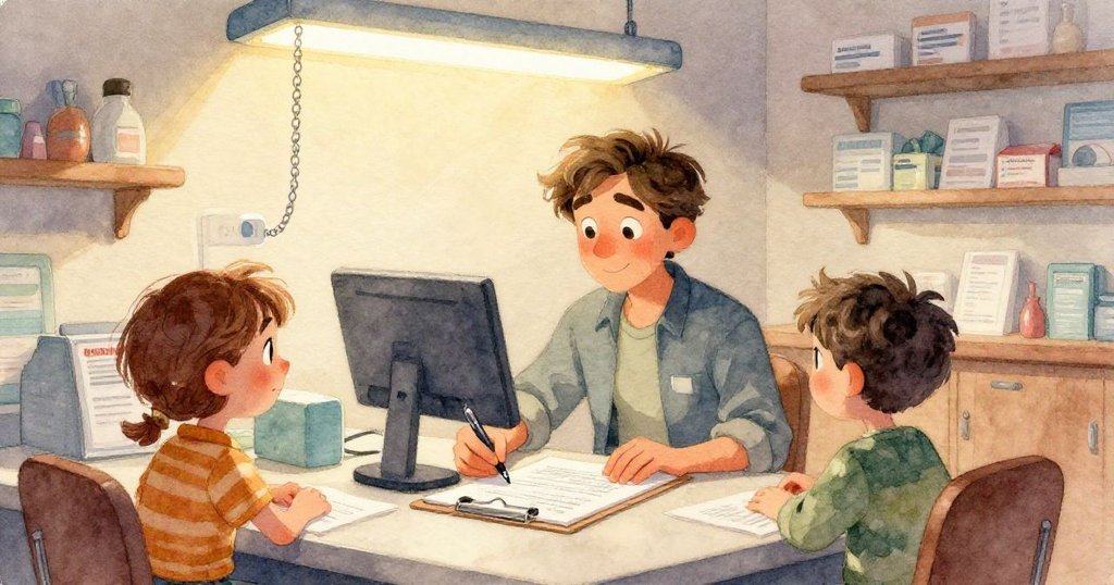 藥局內貓咪迅速追逐小蚊子，尾巴勾住電線，票據亂飛，場面熱鬧動感十足。