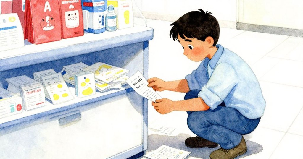 拉斐爾蹲下收拾散落的票據，細心將整齊文件放進凍滑塑料下，場景平靜中帶著一天尾聲的舒緩。