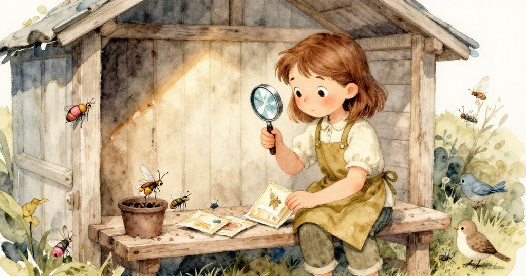 Opal在溫暖棚屋中忙碌於耕作,周圍有小昆蟲和鳥類環繞,她專注整理種子開始冒險。