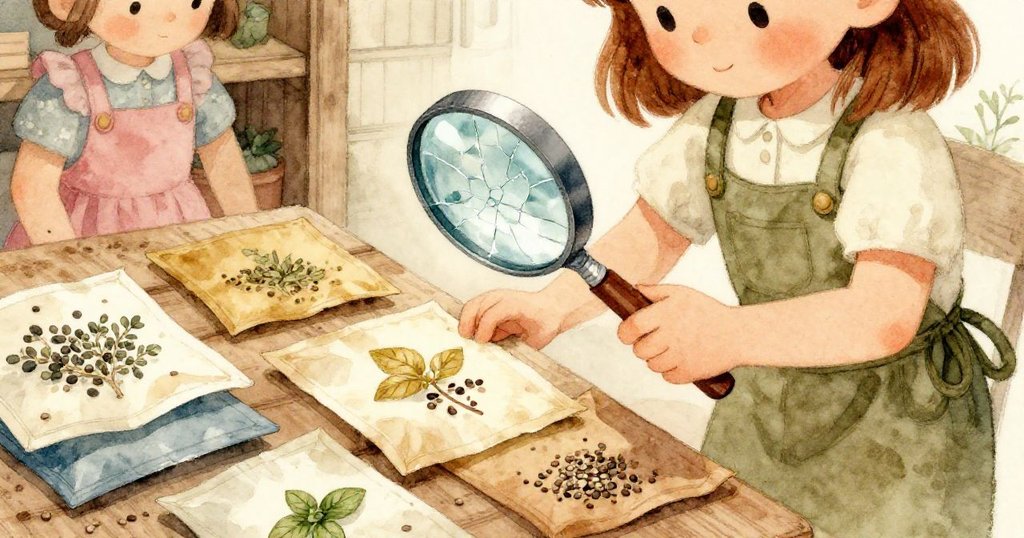 Opal專注檢查裂痕放大鏡,細看兩個略似的種子信封,表情專注,進入細節觀察階段。