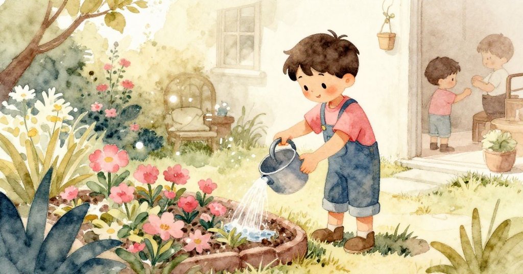 Oscar在棚外快樂澆水,花園充滿生氣,背景隱約見Opal室內勞作,情境轉換中帶來溫馨互動。