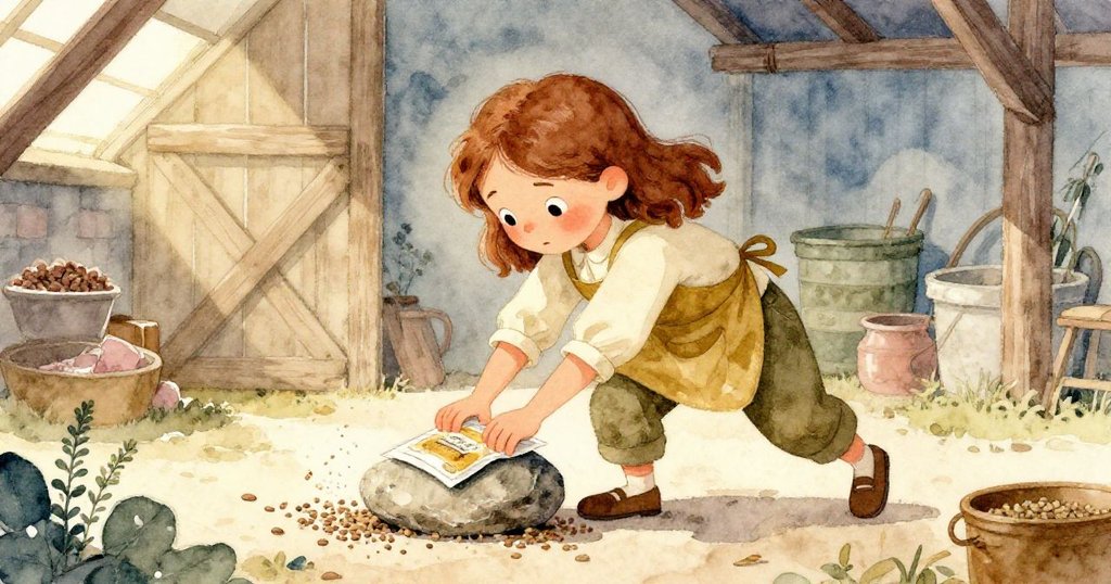 Opal果斷用平石壓住滑動的種子與百里香塵,臉上堅決神情,情節進入關鍵決策時刻。