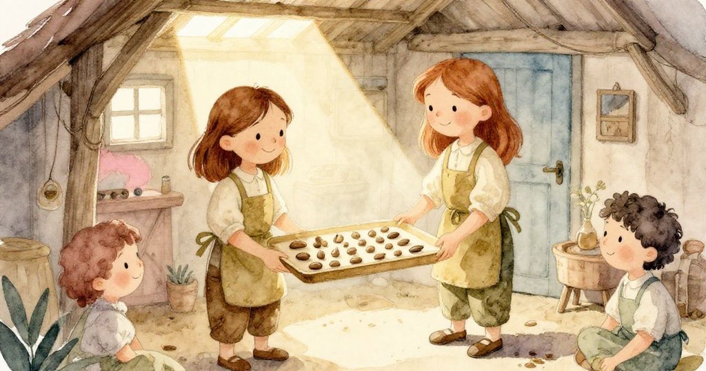 Opal滿懷希望地望著整齊排列的種子,陽光穿透窄縫照亮成功跡象,情節圓滿結尾展開新起點。