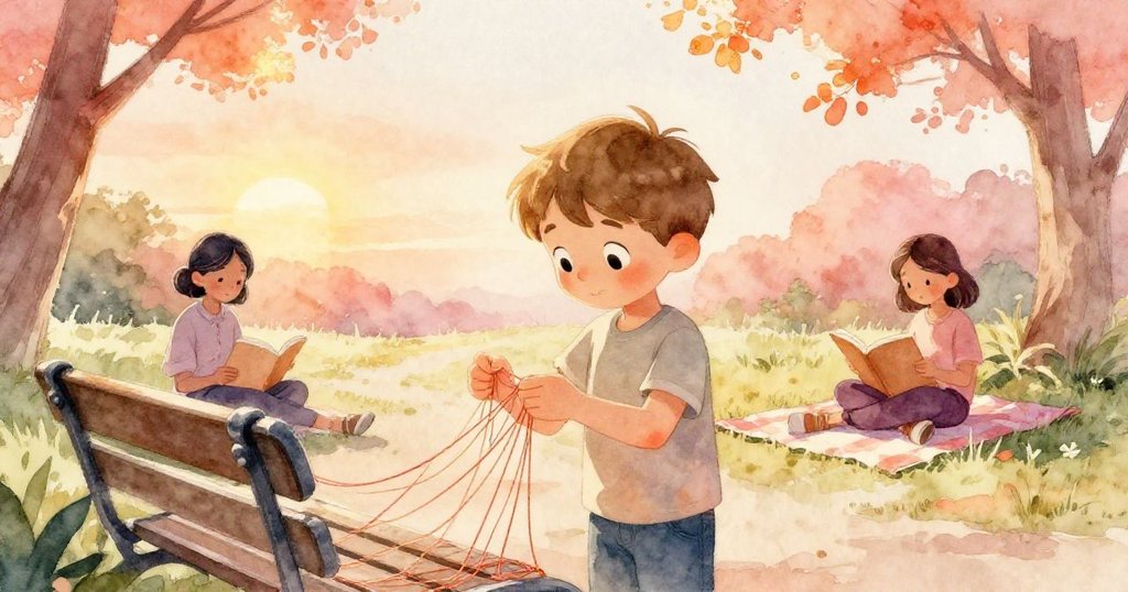 費力克斯坐於半陽光的公園長椅上調整彩線,珍娜於毯上閱讀,晨光灑落,情景溫暖寧靜。