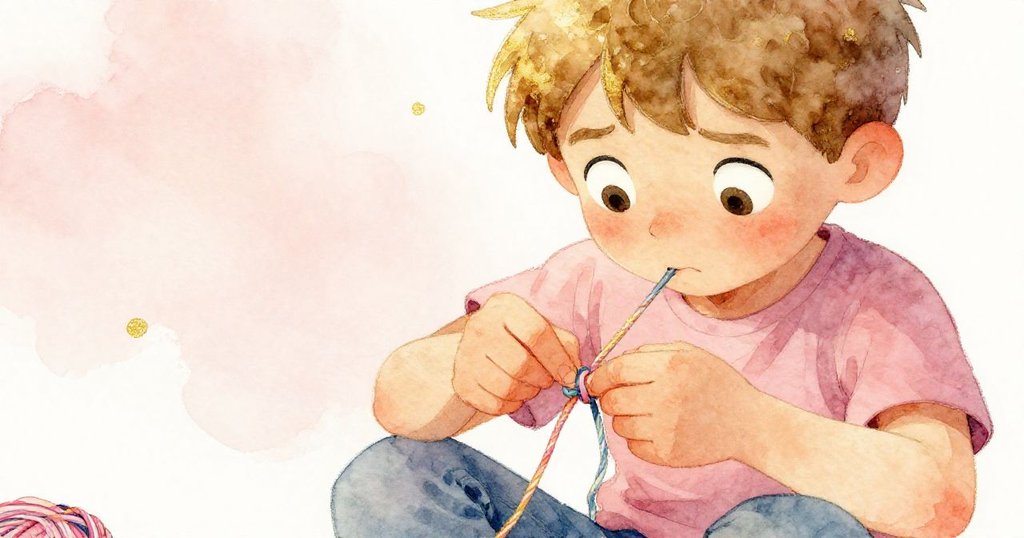 費力克斯專注綁結蠟線,眼神堅定而略顯挫折,手中彩線纏繞交錯,細節豐富生動。