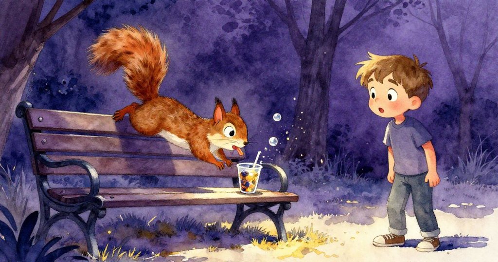 一隻頑皮松鼠躍上長椅打翻珠杯,晶亮小珠四散飛舞,費力克斯驚愕表情生動展現。