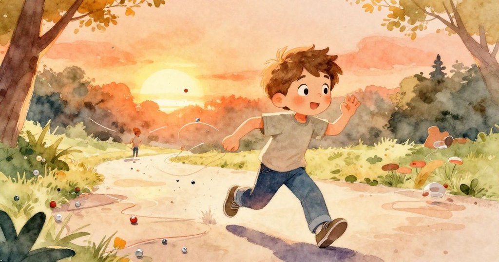 費力克斯急速追逐散落的珠子和彩線,風中線條翻飛,動感十足,公園環境生氣盎然。