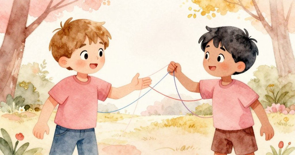 多里安從遊樂場跑來伸手相助,費力克斯將彩線繞於其指間,二人合作默契展現暖心瞬間。