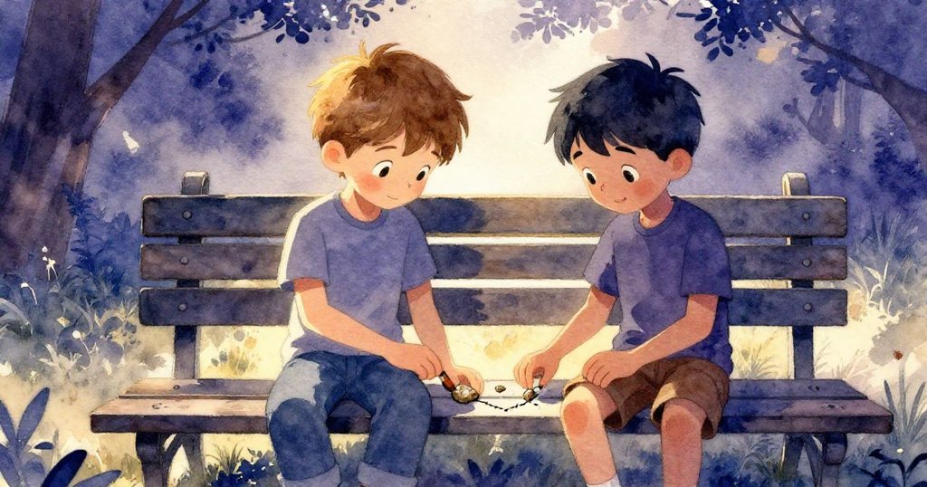 傍晚陽光下,費力克斯與多里安在長椅上共同修補彩線,用化石狀晶片化錯誤為美妙設計,情景寧靜溫馨。