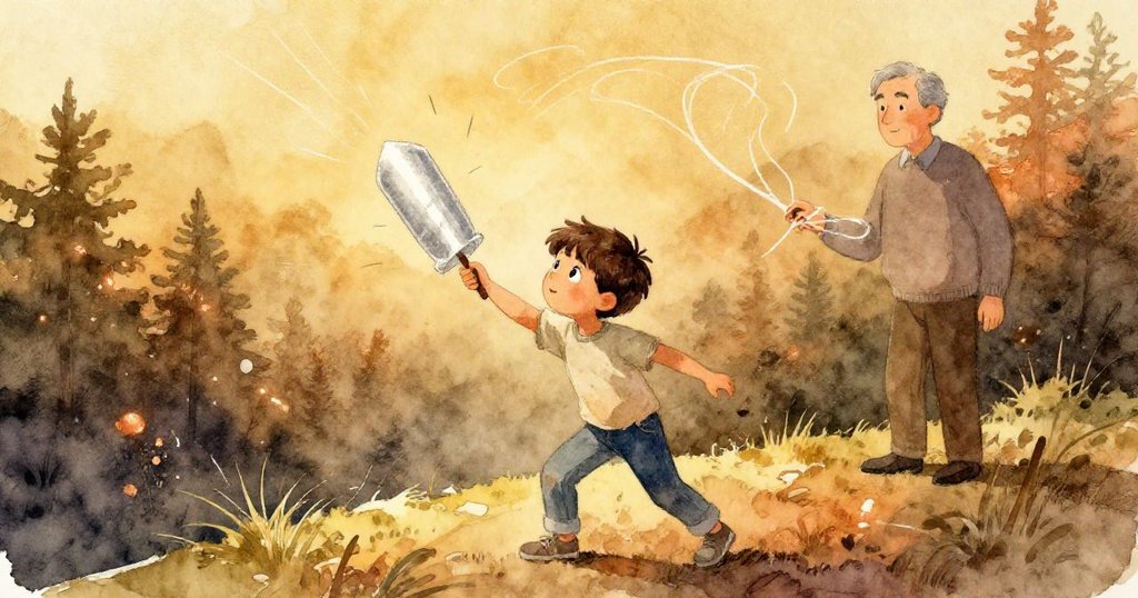 Kit在山坡上拋出摺紙飛機，背景中Mr. Hart靜臥描繪粉筆圈，飛機沐浴柔和陽光，層次豐富充滿活力。