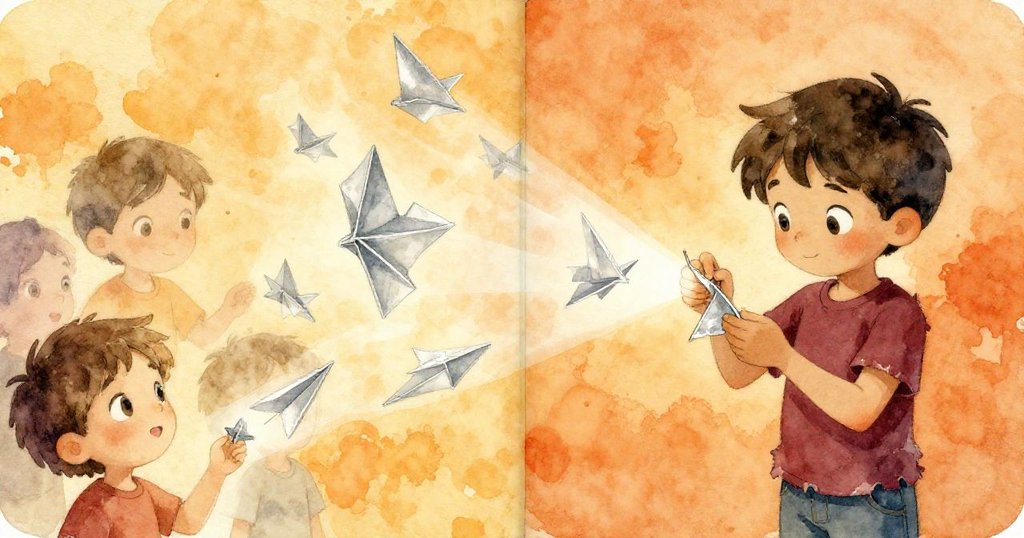 Kit專注於摺紙飛機，畫面一側現實操作，一側夢幻往昔摺痕交織，充滿想像與懷舊情感。