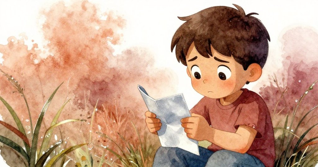 Kit在濕潤草地上檢查摺紙飛機，臉上流露擔憂與決心，細部摺痕清晰呈現，充滿真實觸感。