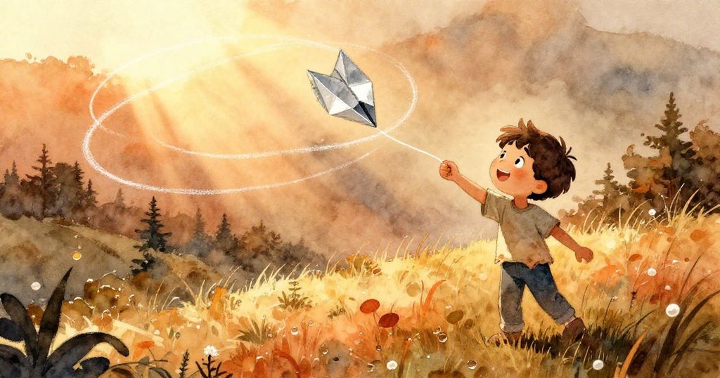 Kit站在草地邊緣，望著修補後摺紙飛機順風飛向擴大的粉筆圈，神情充滿希望與溫暖晨光。