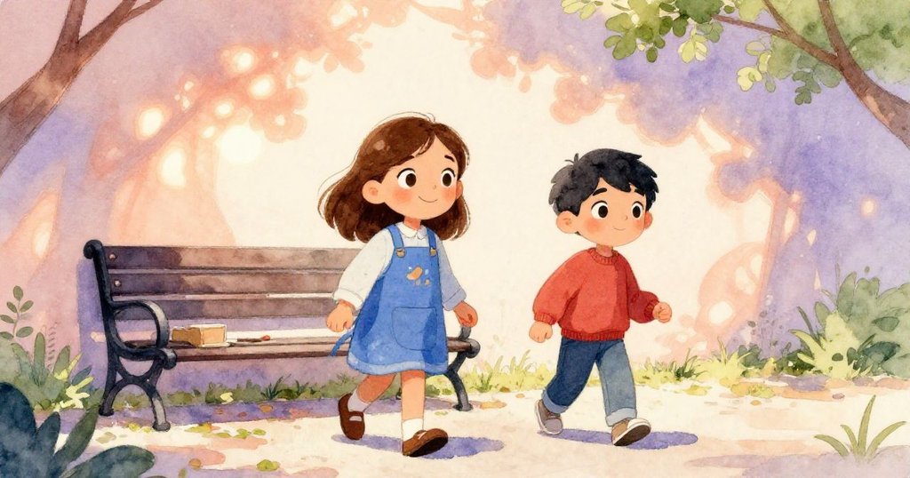 在溫暖曦光中，雅拉與西拉步入戶外社區壁畫場，背景呈現斑駁光影與古樸長椅，滿懷期待與好奇。