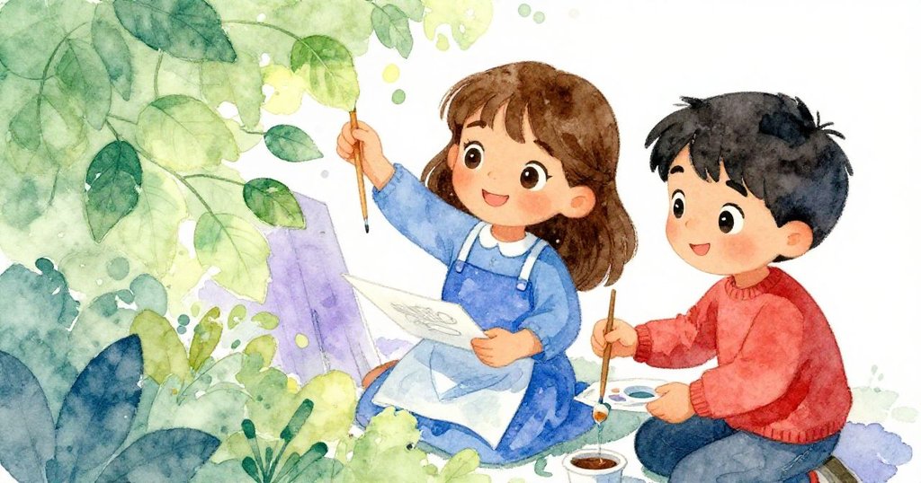 從高處俯瞰，雅拉正調整素描本迎接光線，西拉混合顏料，背景樹葉斑駁，畫面流露專注與堅持。