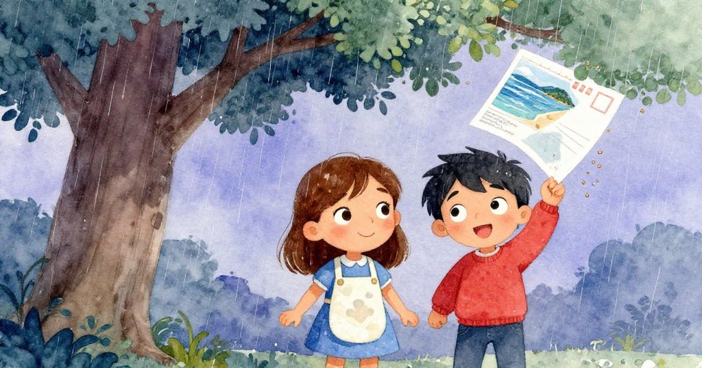 細雨中海景明信片被風吹起灑落顆粒，雅拉與西拉迅速奔向樹下避雨，表情中流露著緊張與應對急促。