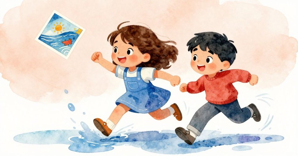 突然狂風吹動海景明信片飛濺入淺水，雅拉與西拉急速追趕，動感十足展現堅韌與合作精神。