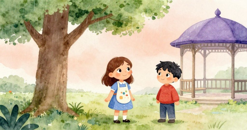 雨後寧靜中，雅拉與西拉在樹蔭下守候成果，素描本完好呈現努力見證，周遭滴水聲中滿懷輕鬆與溫馨。