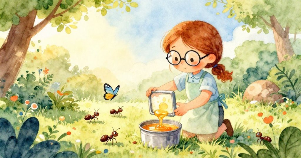艾斯美在花園中小心將方框沈入蜜金溶液中，周圍昆蟲忙碌，背景陽光溫暖，充滿創意與活力。