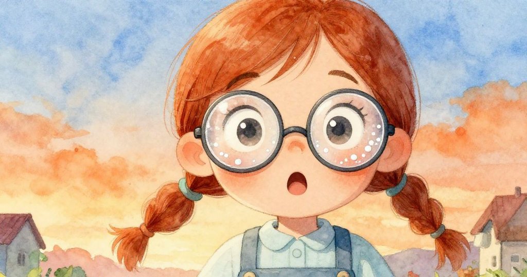 艾斯美近距離露出驚訝眼神，眼鏡上水珠閃爍，她快速用袖子擦拭，背景溫暖柔和，充滿細膩情感。