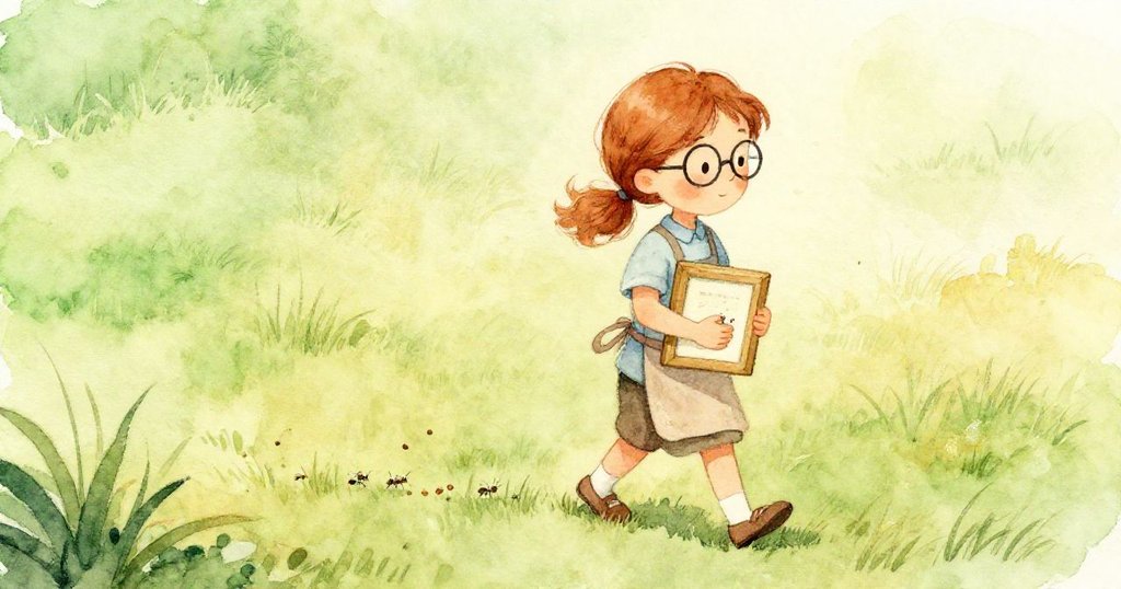 艾斯美背影穩步行走，手中緊握方框，草地上螞蟻忙碌穿梭，晨光映照下充滿細膩決心與溫暖氣氛。