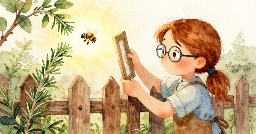 艾斯美在柵欄旁果斷調整方框角度，陽光引導蜜蜂轉向迷人的迷迭香枝，神情堅定充滿智慧。