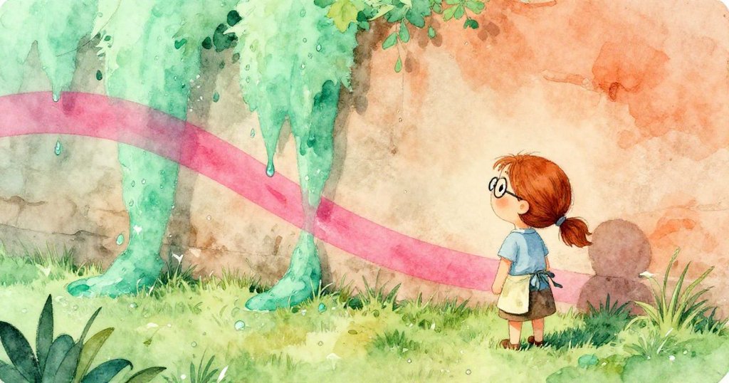 艾斯美靜立草坪上滿足微笑，背景牆上綠紫漸變色輕柔流淌，滴水灑落大地，呈現安寧自然之美。