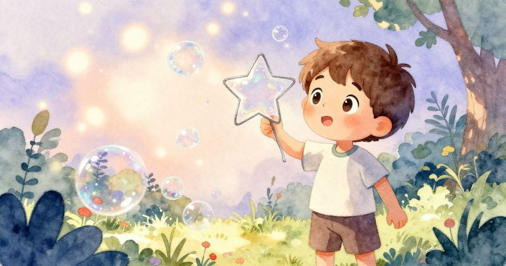 露克在陽光後院中,小心拿著星形框架,濕潤的手指與皂水映出反光,他滿懷好奇,開始了實驗。