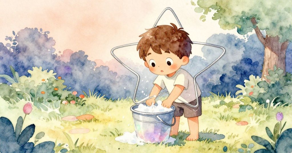 露克專注地將星形框架輕輕浸入皂液中,彩虹般的色帶在液面上閃爍,此刻充滿象徵意義與神奇感。