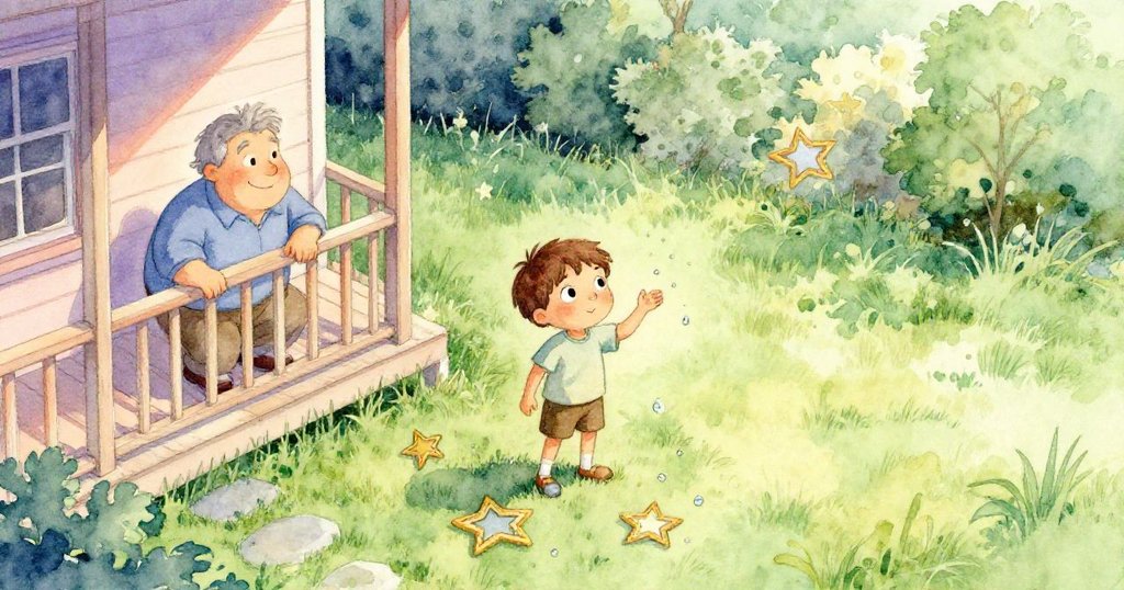 從高處俯視後院,露克忙於整理散落的框架和皂珠,叔叔與鄰居閒聊,整體呈現溫馨有序的生活畫面。