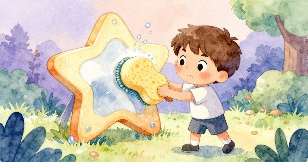 露克全神貫注地用備用圈刷拭星形框架,飛濺的水珠落在草地上,動作活潑,展現出堅定的調整過程。