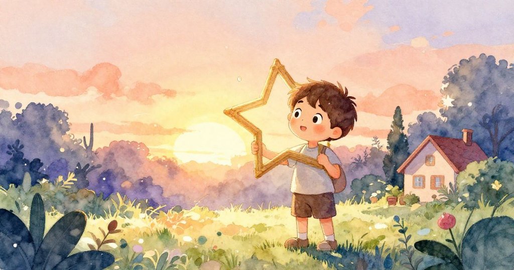 在金色夕陽下,露克穩穩握持著完成的星形框架,身邊水珠閃爍,後院展現出溫馨而美好的落幕。