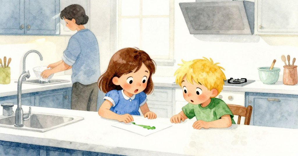 Sara和Grey在明亮溫馨的廚房中發現報紙上綠色痕跡，背景有洗碗大人，兩人神情驚訝充滿疑惑。