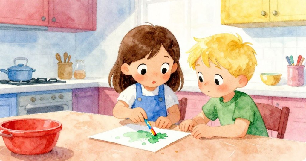 Sara仔細比對沾色木棒與報紙上綠痕，Grey注視著顏色對比，櫃檯上展現明暗交錯的創意過程。