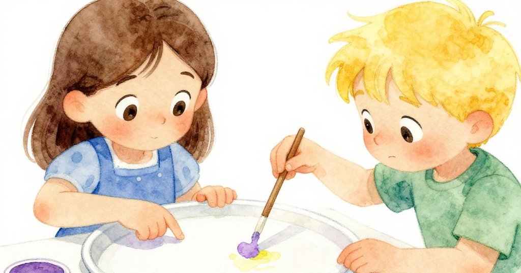 從高角度俯視，Sara溫柔觸碰托盤邊緣，Grey小心拿起沾色木棒，兩人面露認真與驚奇的表情。